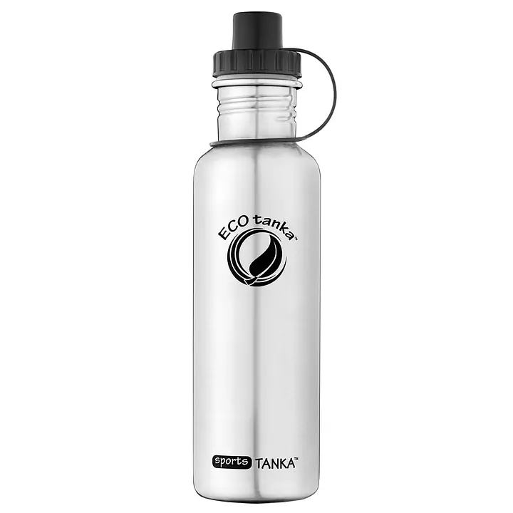 ecotanka sportsTANKA 800 ml single-wall stainless steel water bottle with leak-proof sports lid featuring sipper function, lightweight, reusable, and BPA-free.
