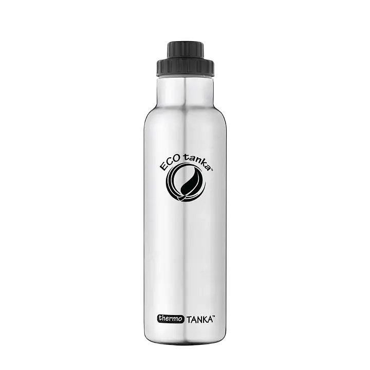 ecotanka 600ml thermoTANKA double-wall vacuum insulated stainless steel bottle with durable ScrewTOP lid, interchangeable with most supermarket soda bottle caps, BPA-free and reusable.