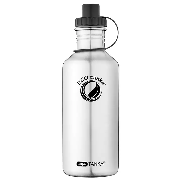 ecotanka 1.2L supaTANKA single-wall stainless steel water bottle, lightweight and coating-free with laser-printed logo, featuring durable sports lid with triple-seal leak-proof design and sipper function, BPA-free and reusable.