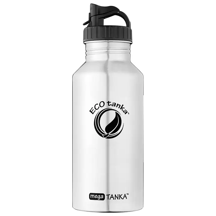 ecotanka 2L megaTANKA single-wall stainless steel water bottle, lightweight and coating-free with laser-printed logo, featuring durable Mega PP Lid with carry loop and convenient spout, BPA-free and reusable.