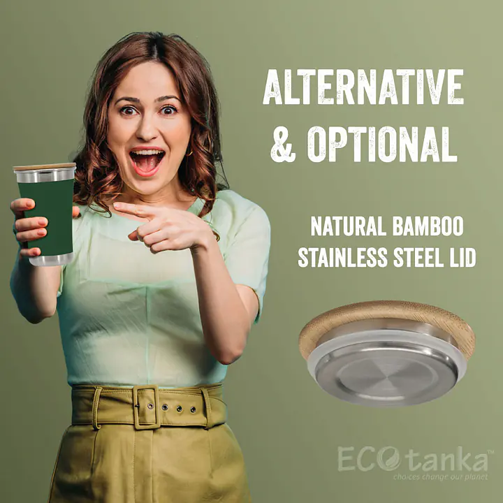 ecotanka 350ml UrbanGo Cup with eco-friendly bamboo and stainless steel lid, reusable, BPA-free, keeps drinks hot or cold.