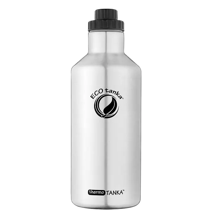 ecotanka 1.2L thermoTANKA double-wall vacuum insulated stainless steel bottle with durable ScrewTOP lid, interchangeable with most supermarket soda bottle caps, BPA-free and reusable.